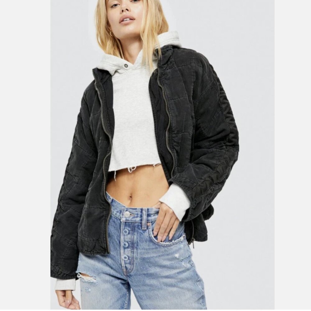 Free People Women's Dolman Quilted Denim Jacket Washed Black Size XS